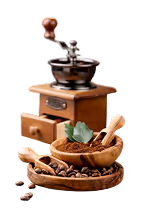 Vintage wooden coffee grinder with a wooden bowl of coffee beans and a small scoop on a wooden plate.