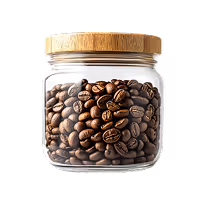 Glass jar with a wooden lid filled with whole roasted coffee beans.