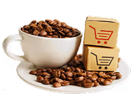 White coffee cup filled with coffee beans on a saucer, with two stacked cardboard boxes featuring shopping cart icons.